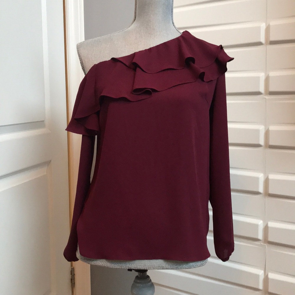 Maroon one shoulder blouse with ruffles